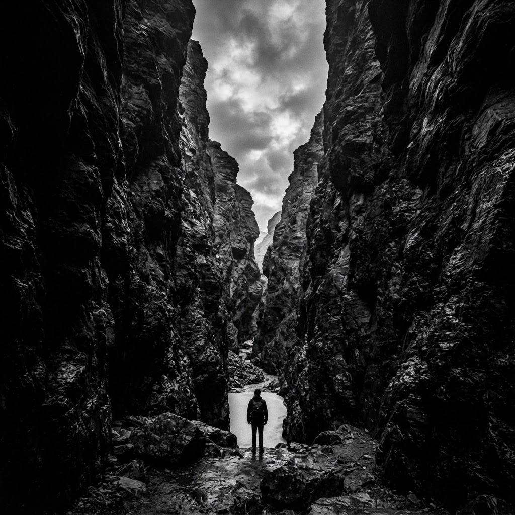 A lone figure standing in a vast canyon